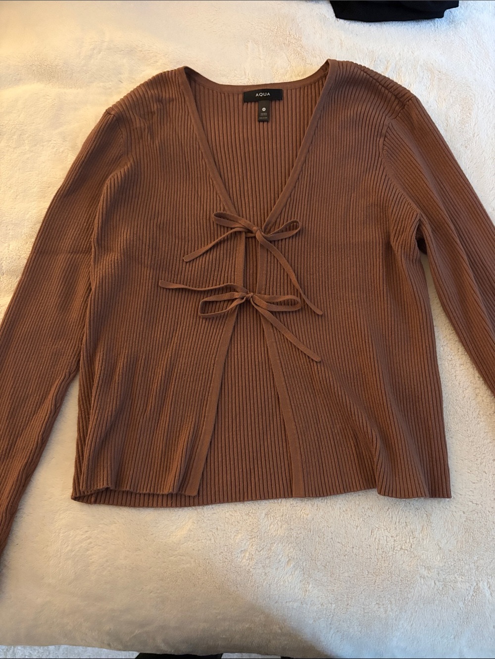 Aqua Ribbed Tie-Front Cardigan in Brown